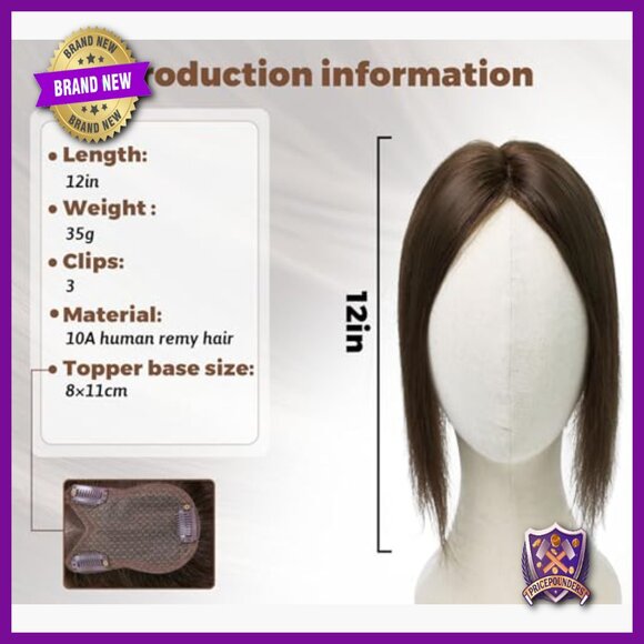 12 Inch Human Hair Topper 35g 120% Density Breathable Base 3 BB Clips main image 4
